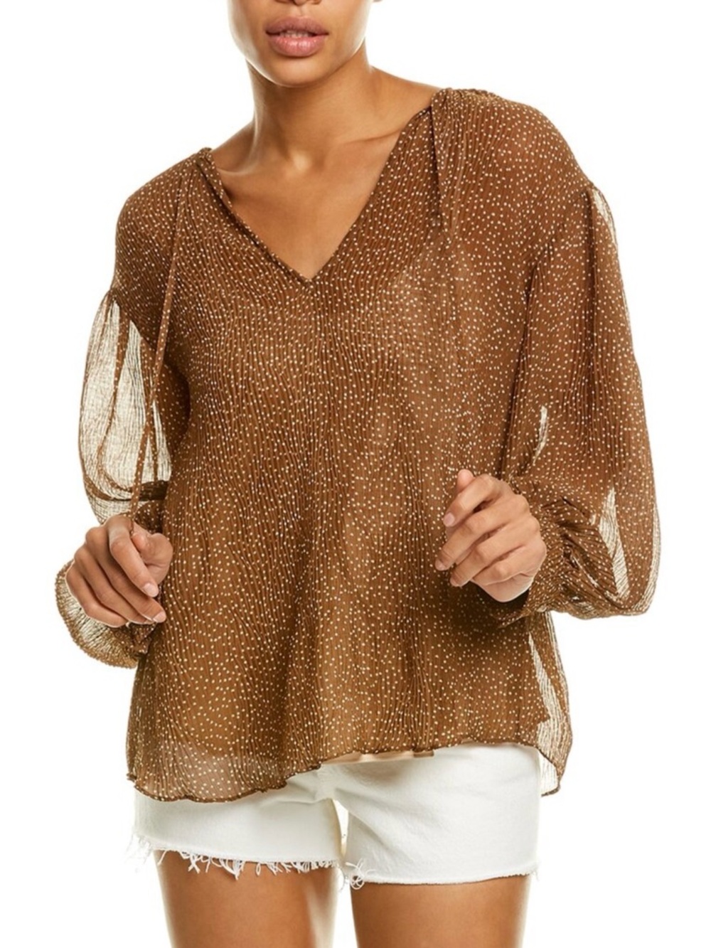 Vince Brown Blouse Polka Dot Sheer Long Sleeve M
